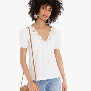 J. Crew Women's Short Puff Sleeve Eyelet Trim V Neck Top White Cotton Size XS